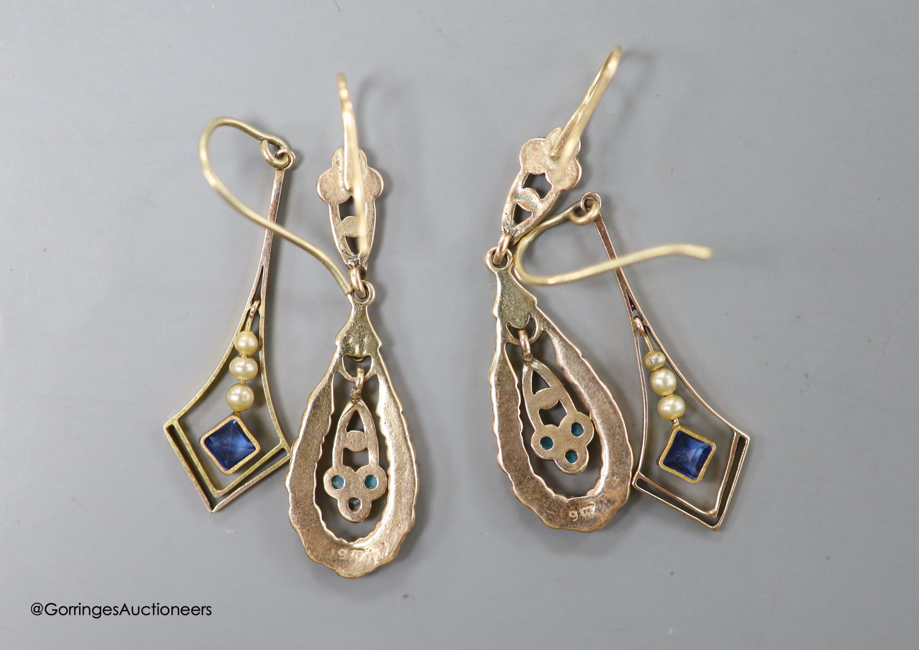 Two pairs of late Victorian yellow metal and gem set drop earrings, including turquoise and seed pearl stamped 9ct, 40mm